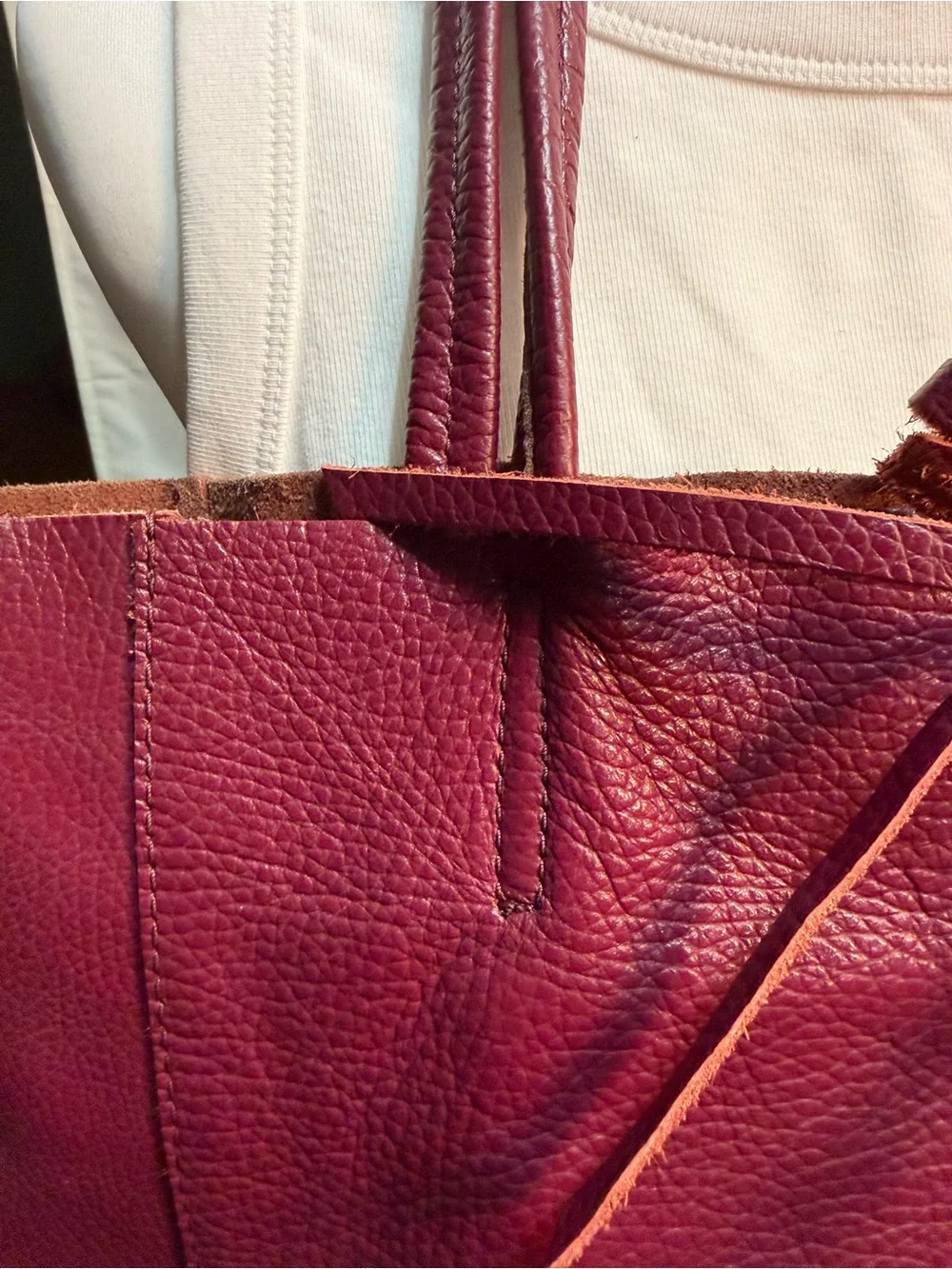 Genuine Italian Pebbled Leather Tote in Deep Burgundy with Tie Detail